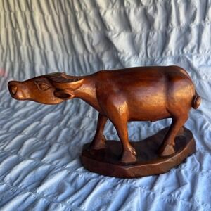Vintage Hand Carved Wood Water Buffalo Figurine Brown MCM Taiwan Decor Statuette